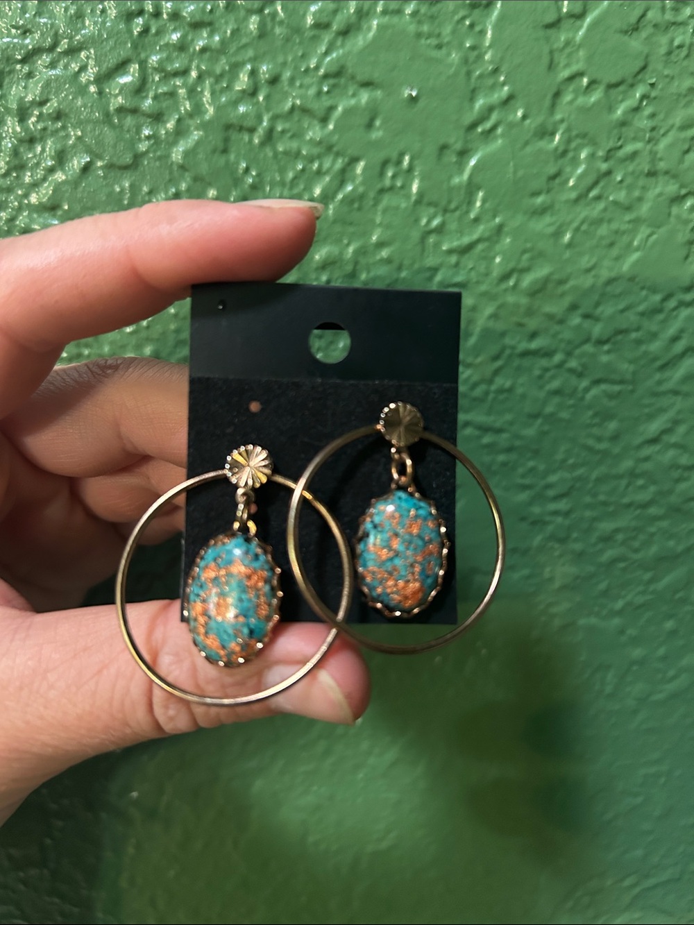 Gold Hoop Earrings with Turquoise and Copper Stone Accent - Women Jewelry